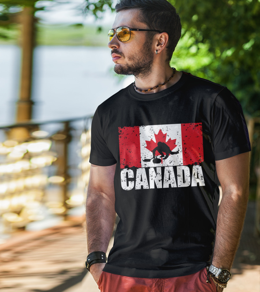 Canadian Flag Curling Silhouette Against Distressed Flag Design With Bold Canada Lettering T-Shirt