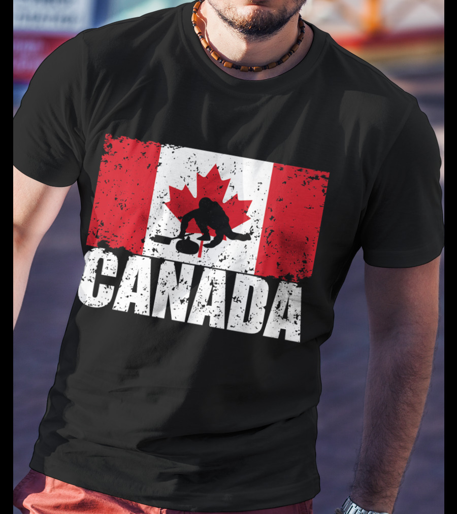 Canadian Flag Curling Silhouette Against Distressed Flag Design With Bold Canada Lettering T-Shirt