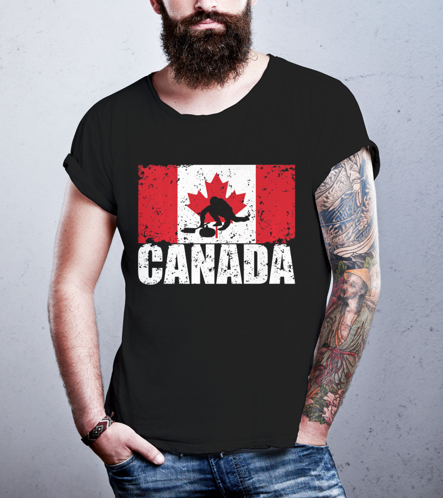 Canadian Flag Curling Silhouette Against Distressed Flag Design With Bold Canada Lettering T-Shirt