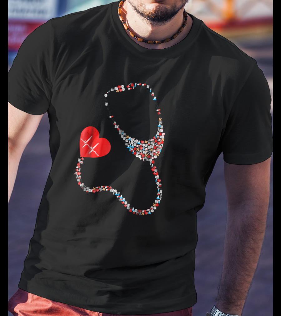Doctor Or Nurse Stethoscope With Red Heart Icon And Medical Symbols T-Shirt