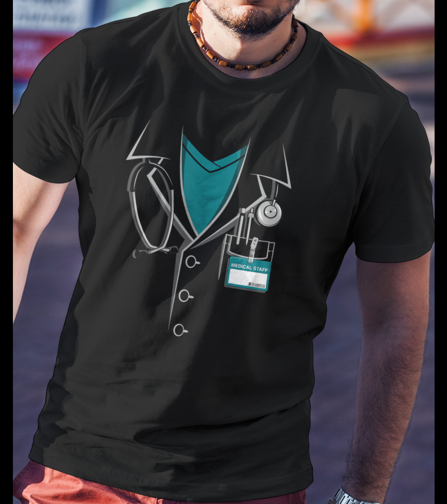 Medical Staff Doctor White Lab Coat With Stethoscope And ID Badge T-Shirt