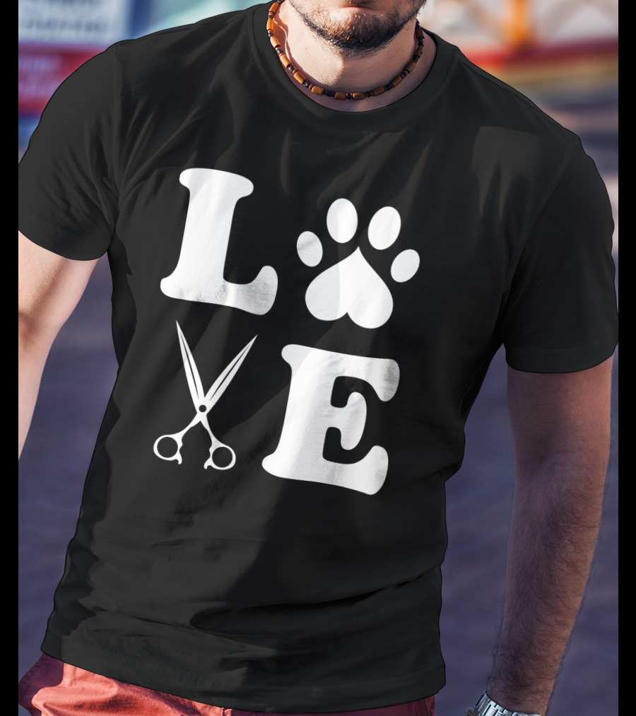 LOVE Dog Grooming With Scissors And Paw Prints T-Shirt