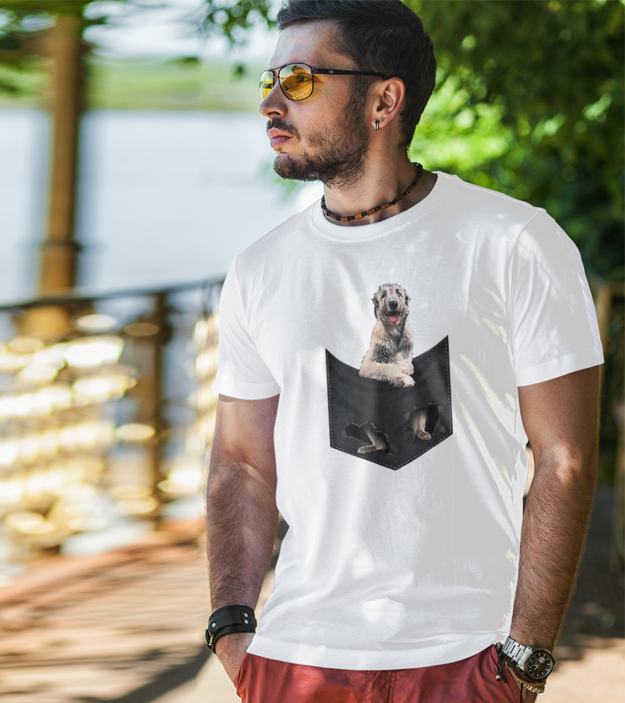 Irish Wolfhound Dog Poking Out Of Pocket With Paws T-Shirt