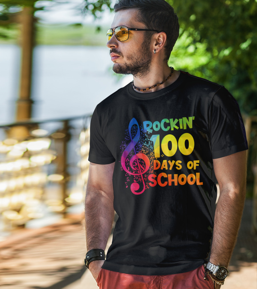Rockin' 100 Days Of School Music Notes Treble Clef T-Shirt
