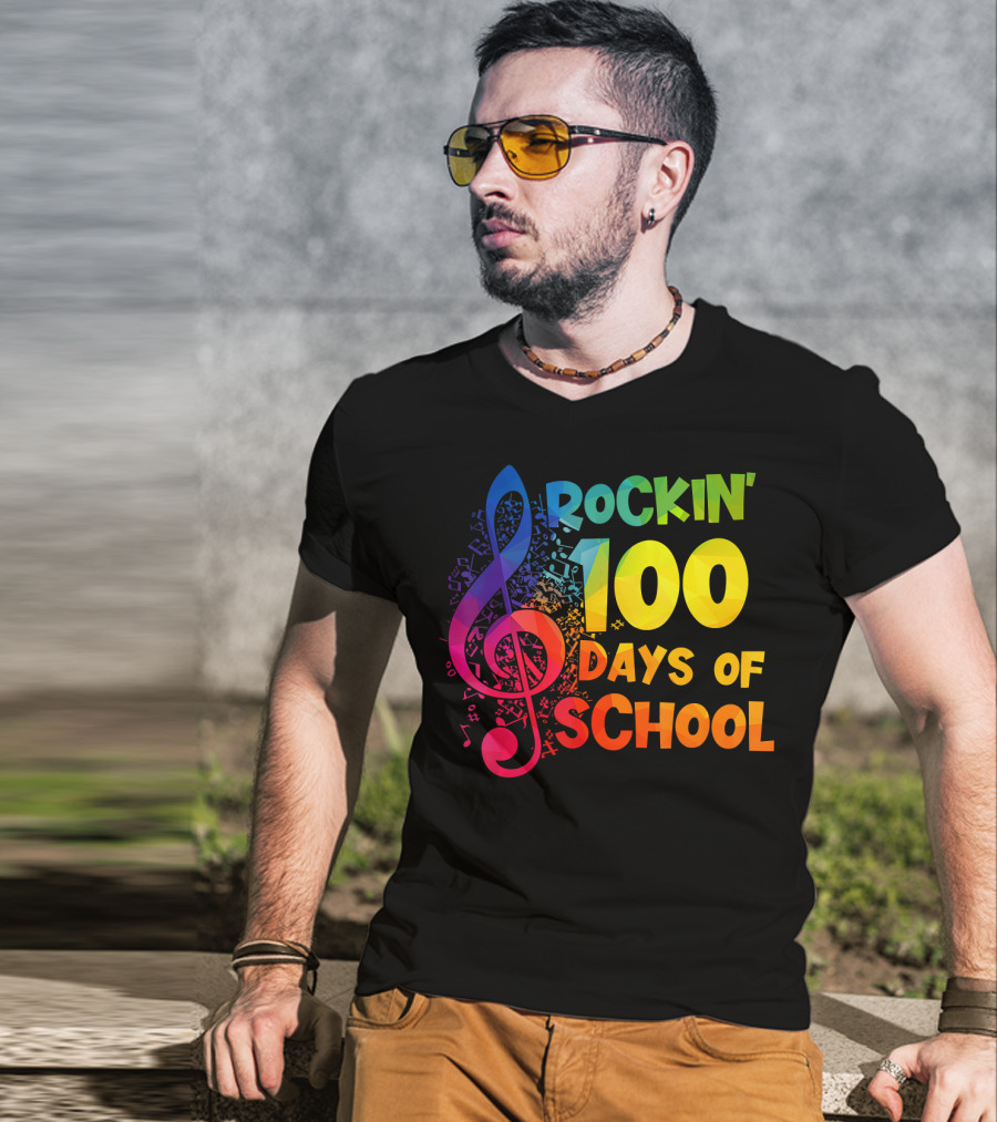 Rockin' 100 Days Of School Music Notes Treble Clef T-Shirt