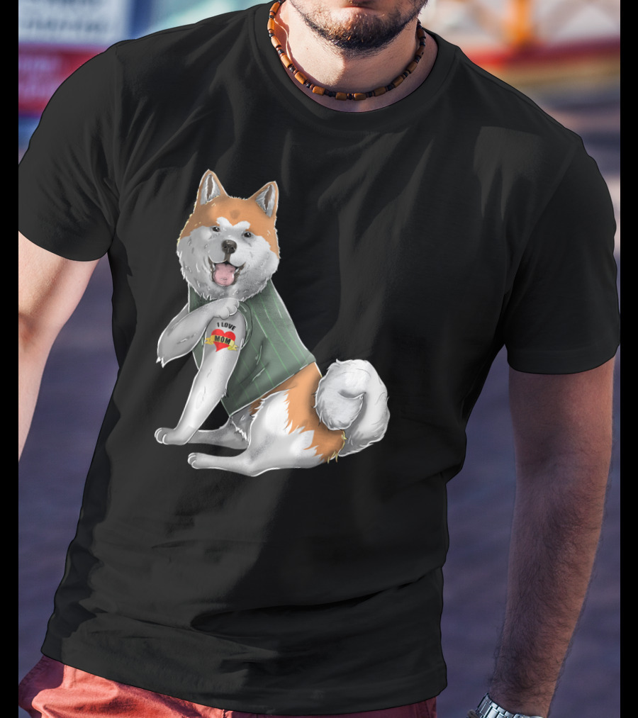 Akita Inu I Love Mom Tattoo Dog With Heart Tattoo Wearing Vest T-Shirt