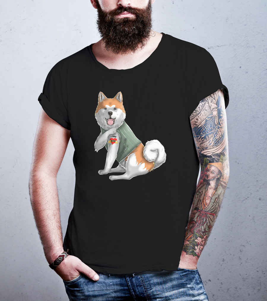 Akita Inu I Love Mom Tattoo Dog With Heart Tattoo Wearing Vest T-Shirt