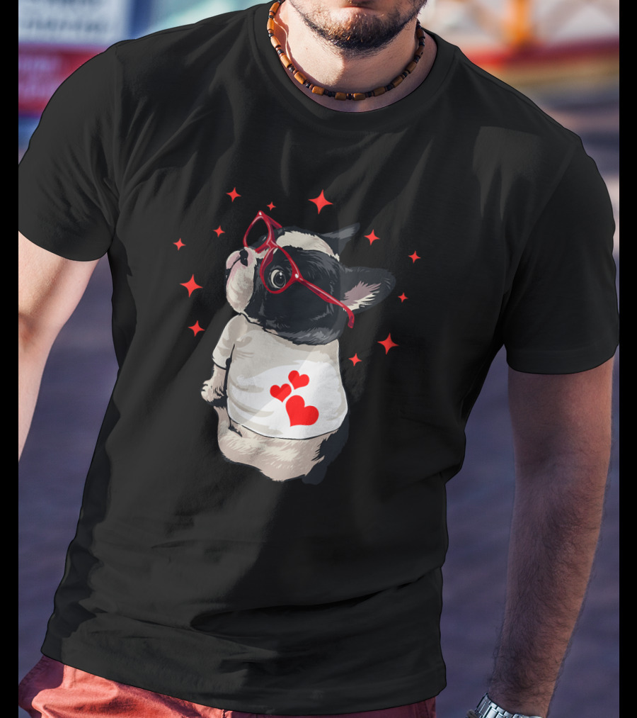 American Boston Terrier Red Glasses Hearts Stars T-Shirt