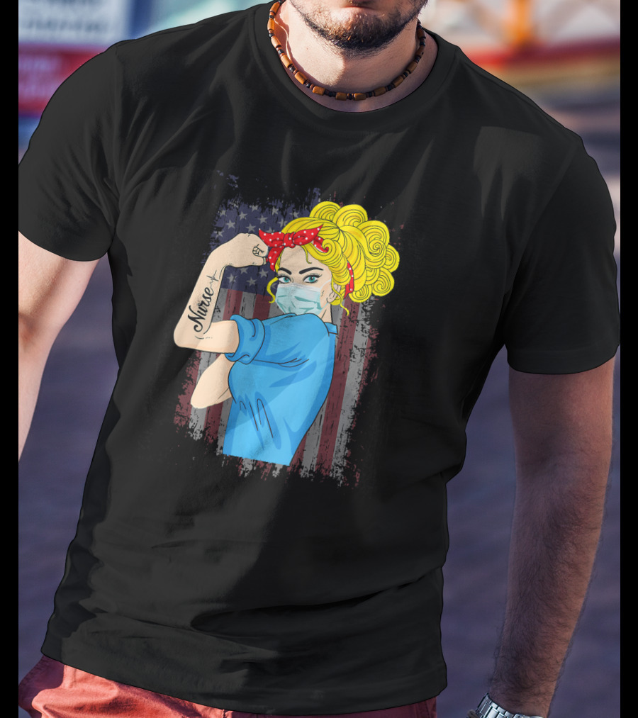 American Flag Nurse Strong Woman Tattoo Rosie Riveter T-Shirt