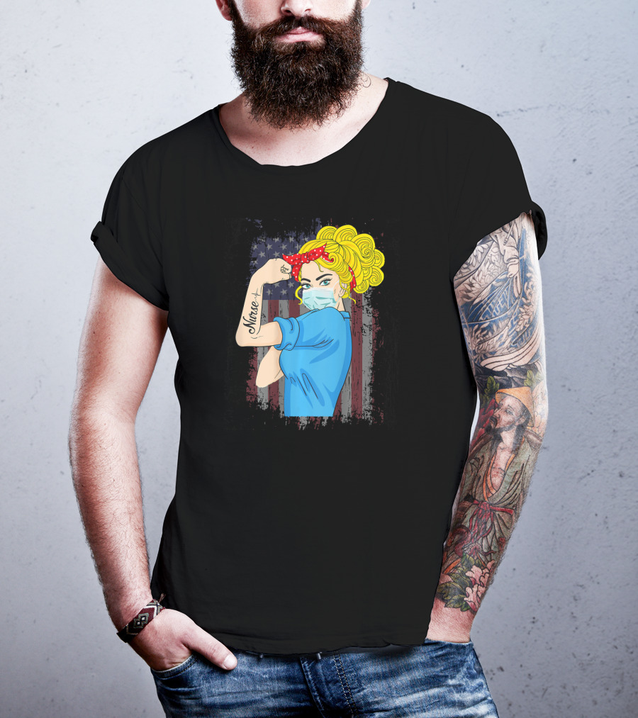American Flag Nurse Strong Woman Tattoo Rosie Riveter T-Shirt