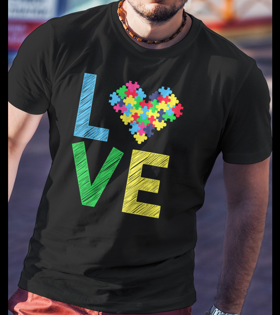 Autism Awareness Love Puzzle Heart Colorful Letters T-Shirt