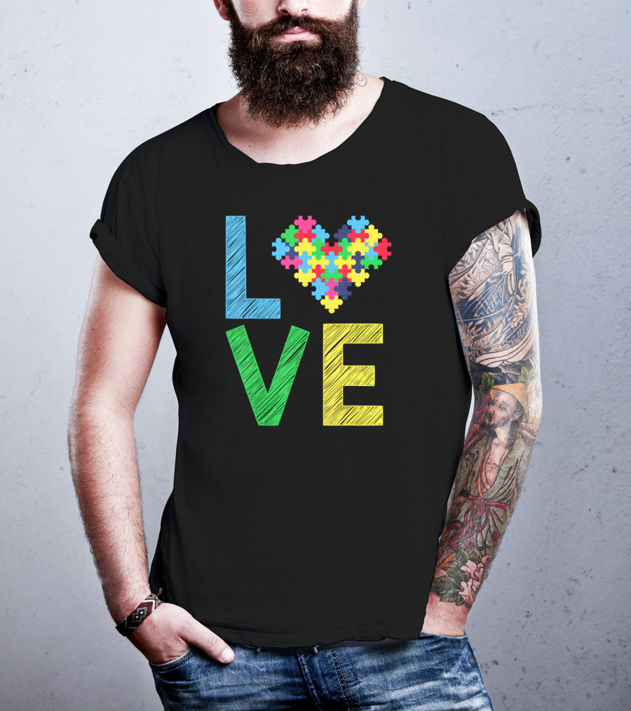 Autism Awareness Love Puzzle Heart Colorful Letters T-Shirt