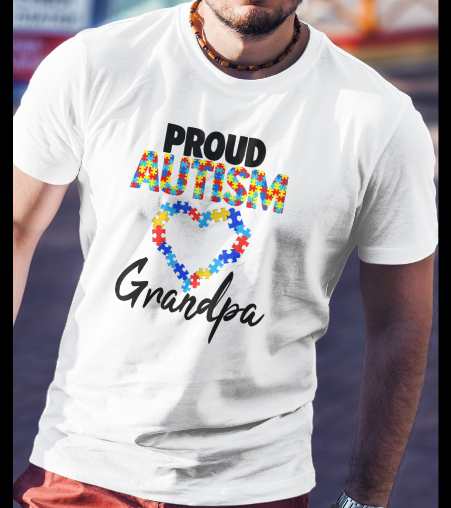 PROUD AUTISM GRANDPA Puzzle Heart T-Shirt