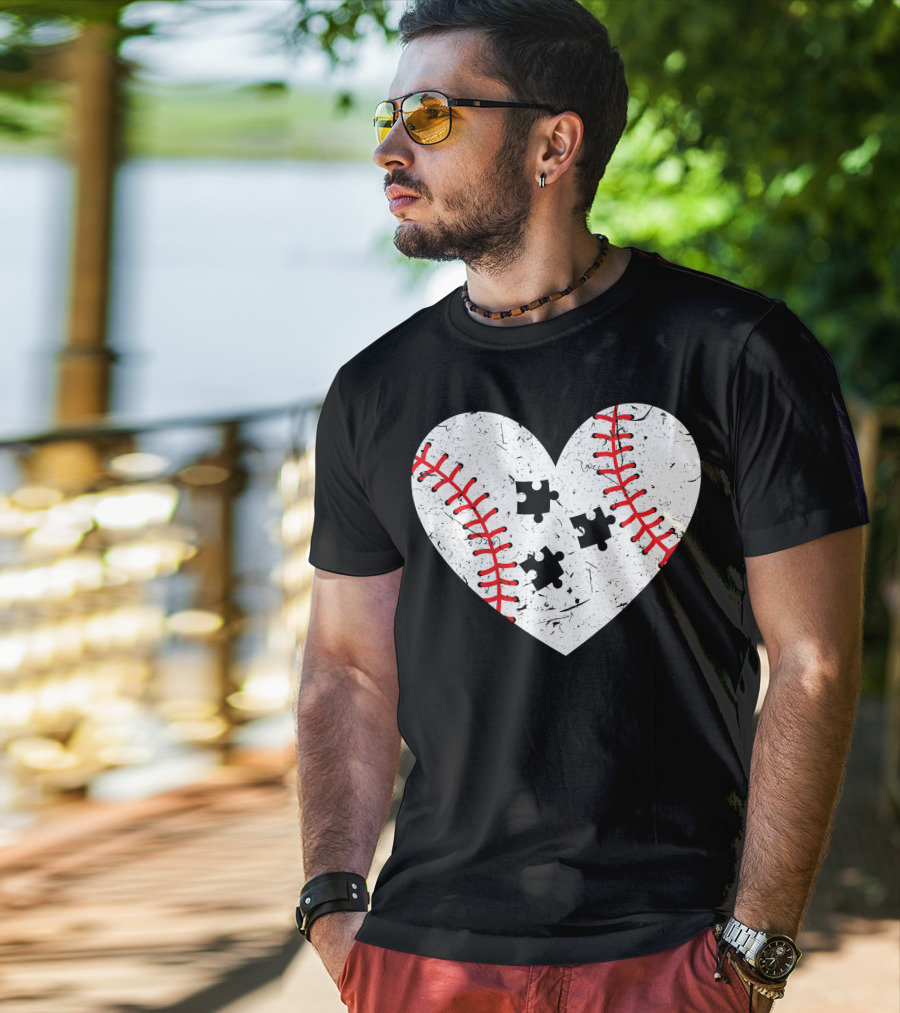 Baseball Heart Autism Puzzle Love T-Shirt