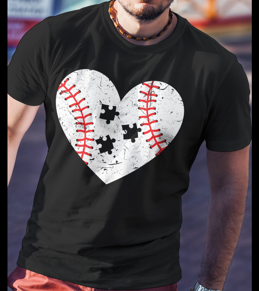 Baseball Heart Autism Puzzle Love T-Shirt