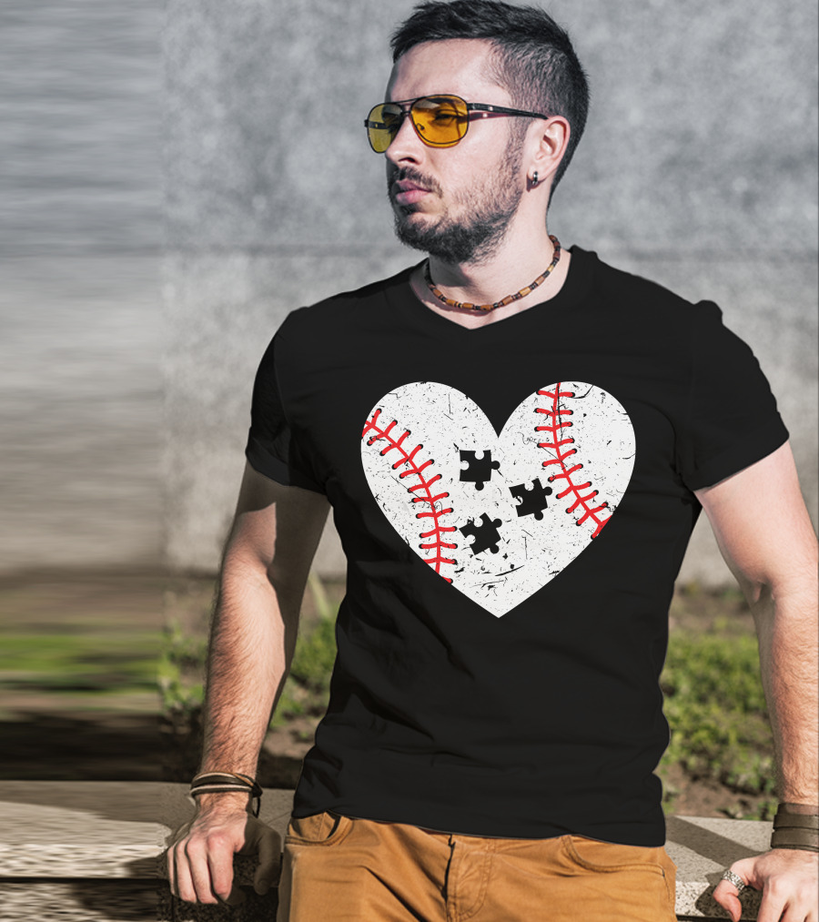 Baseball Heart Autism Puzzle Love T-Shirt