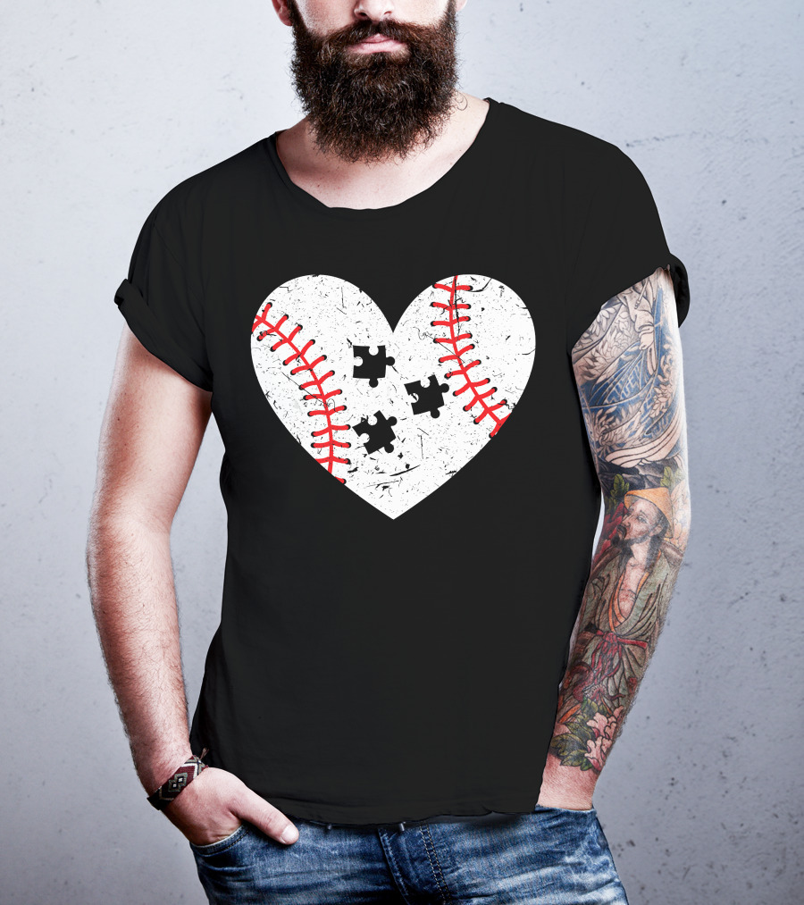 Baseball Heart Autism Puzzle Love T-Shirt