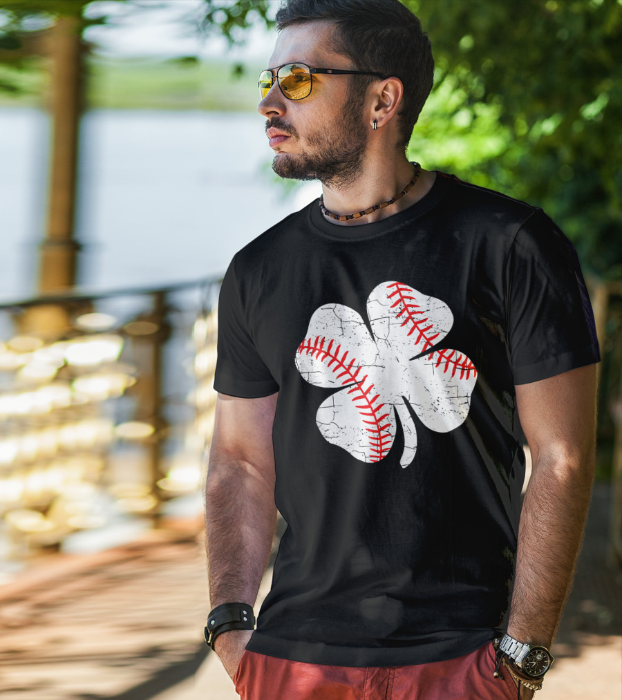 Baseball Patricks Day Boys Me Shamrock Stitch T-Shirt