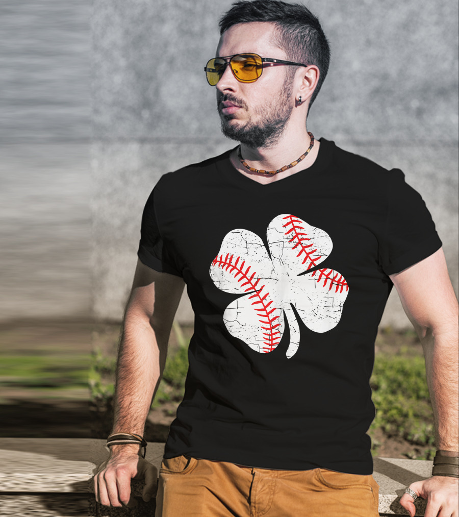 Baseball Patricks Day Boys Me Shamrock Stitch T-Shirt