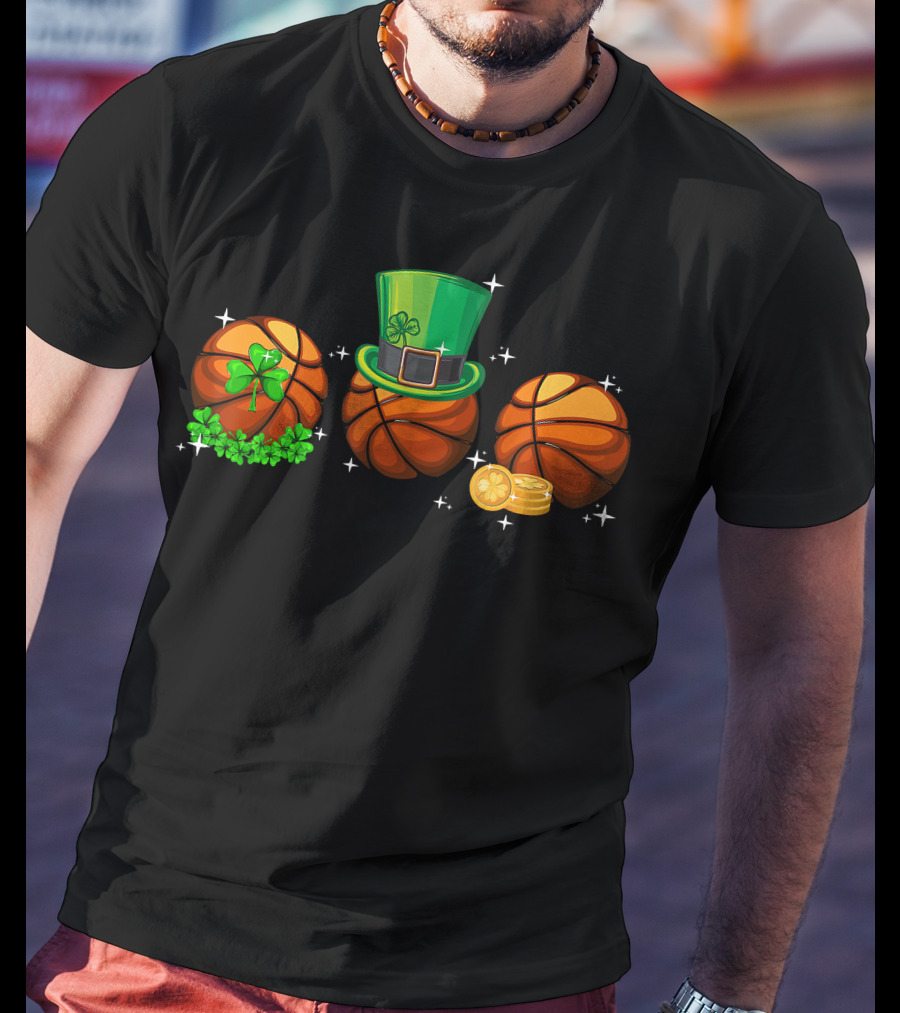 Basketball Trio With Leprechaun Hat Shamrocks And Gold Coins T-Shirt