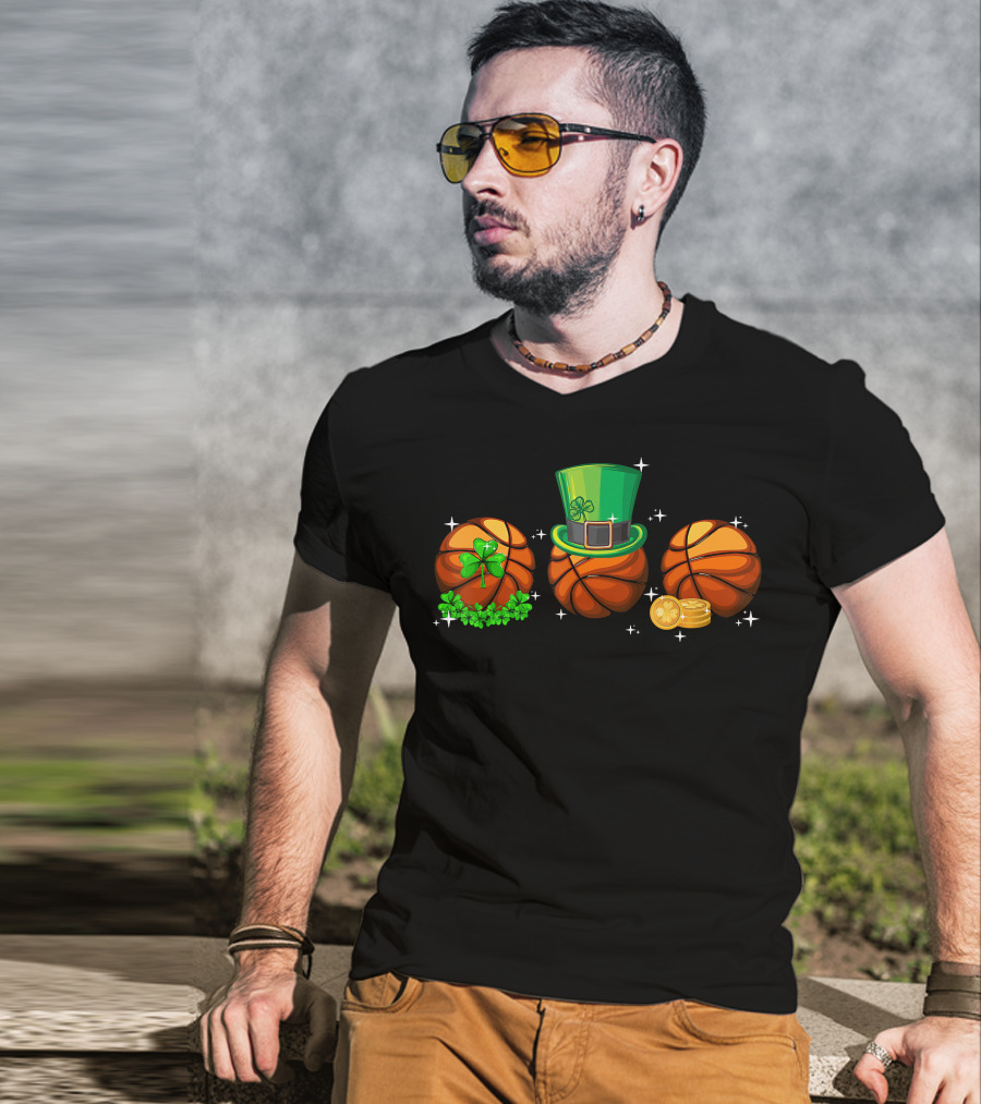Basketball Trio With Leprechaun Hat Shamrocks And Gold Coins T-Shirt