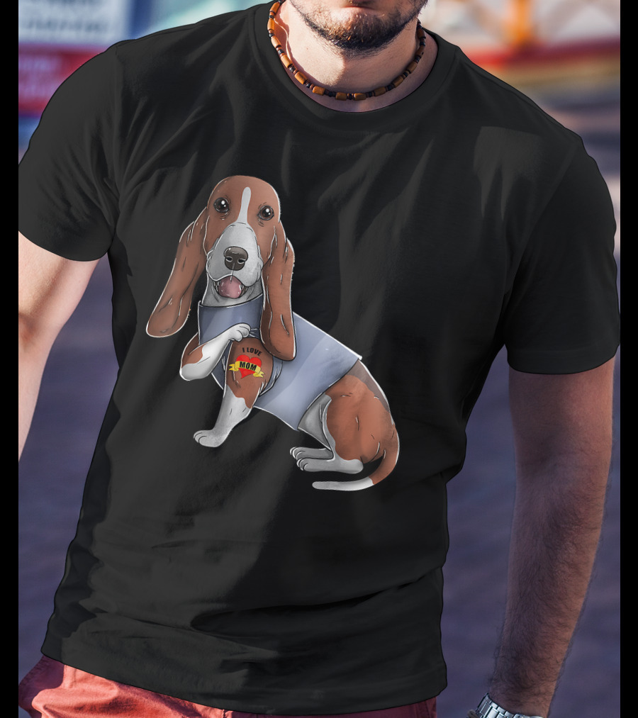 Basset Hound With I Love Mom Heart Tattoo T-Shirt