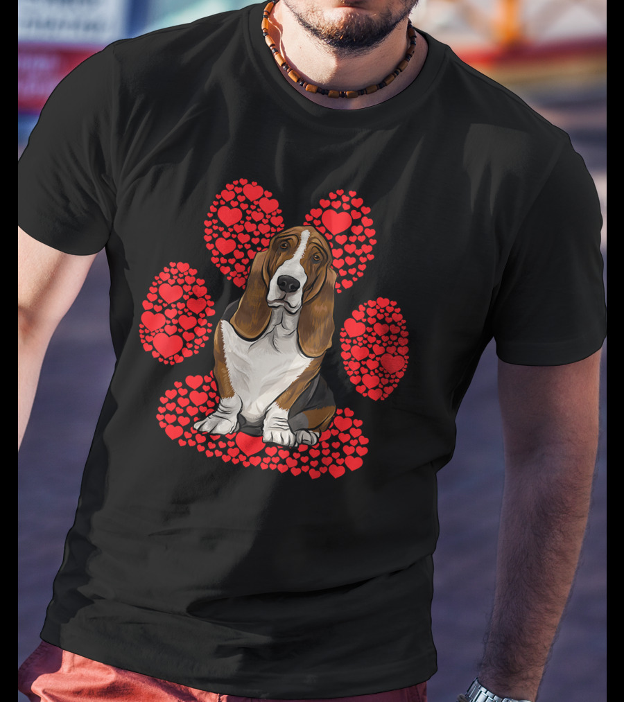 Basset Hound Valentines Day Dog With Heart Paw Background T-Shirt