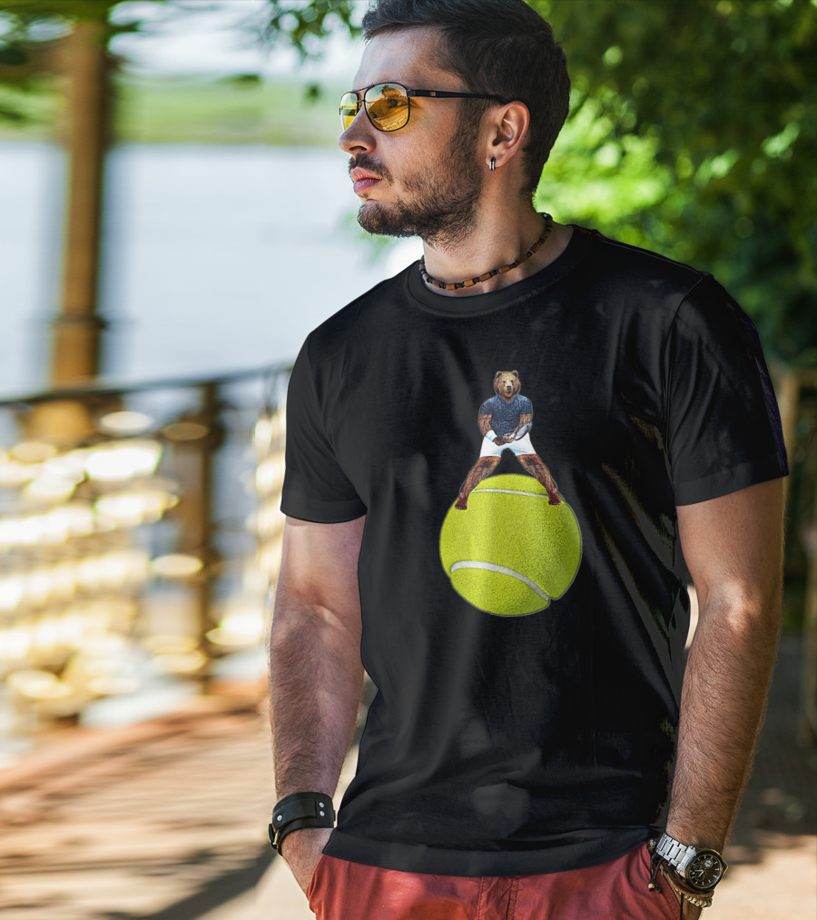 Bear Balancing On Tennis Ball By Behrbone Mens T-Shirt