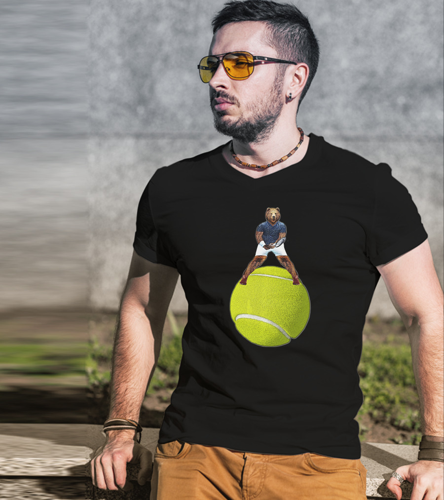 Bear Balancing On Tennis Ball By Behrbone Mens T-Shirt