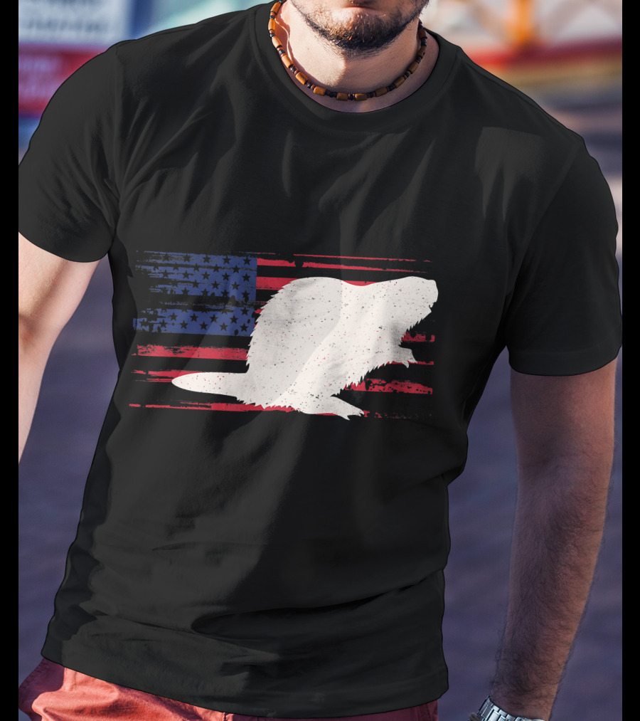 Beaver Silhouette Over Distressed US American Flag Rodent T-Shirt