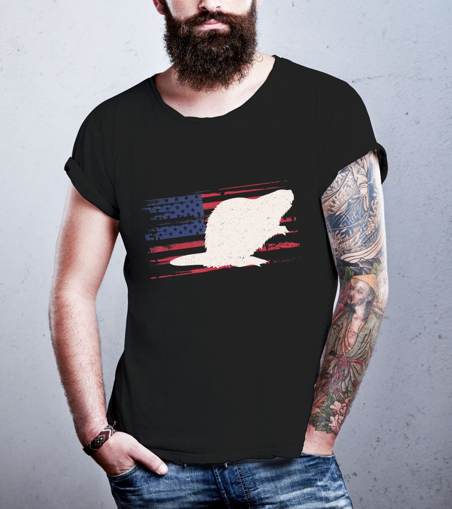 Beaver Silhouette Over Distressed US American Flag Rodent T-Shirt