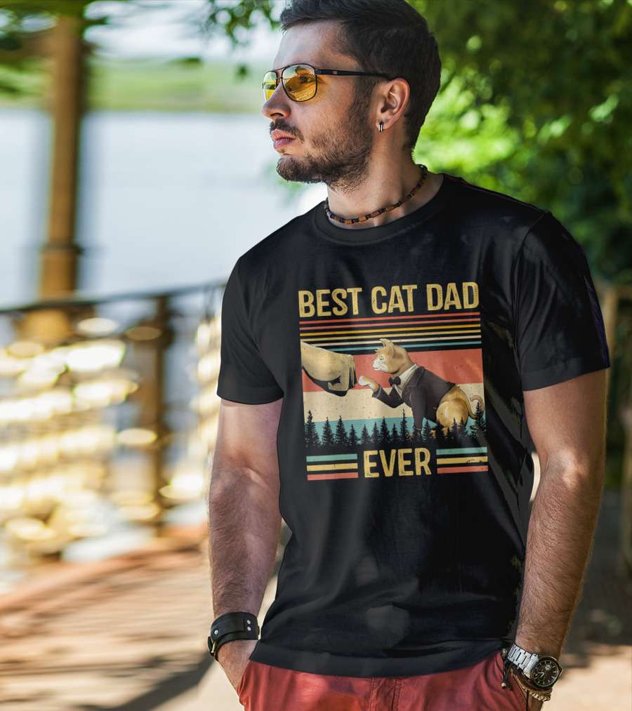 Best Cat Dad Ever Retro Paw Fist Bump Forest Stripes T-Shirt
