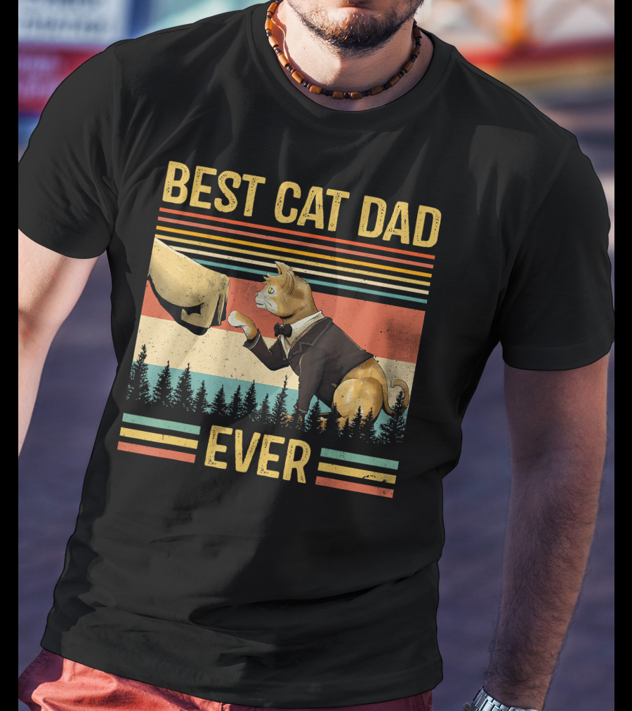 Best Cat Dad Ever Retro Paw Fist Bump Forest Stripes T-Shirt