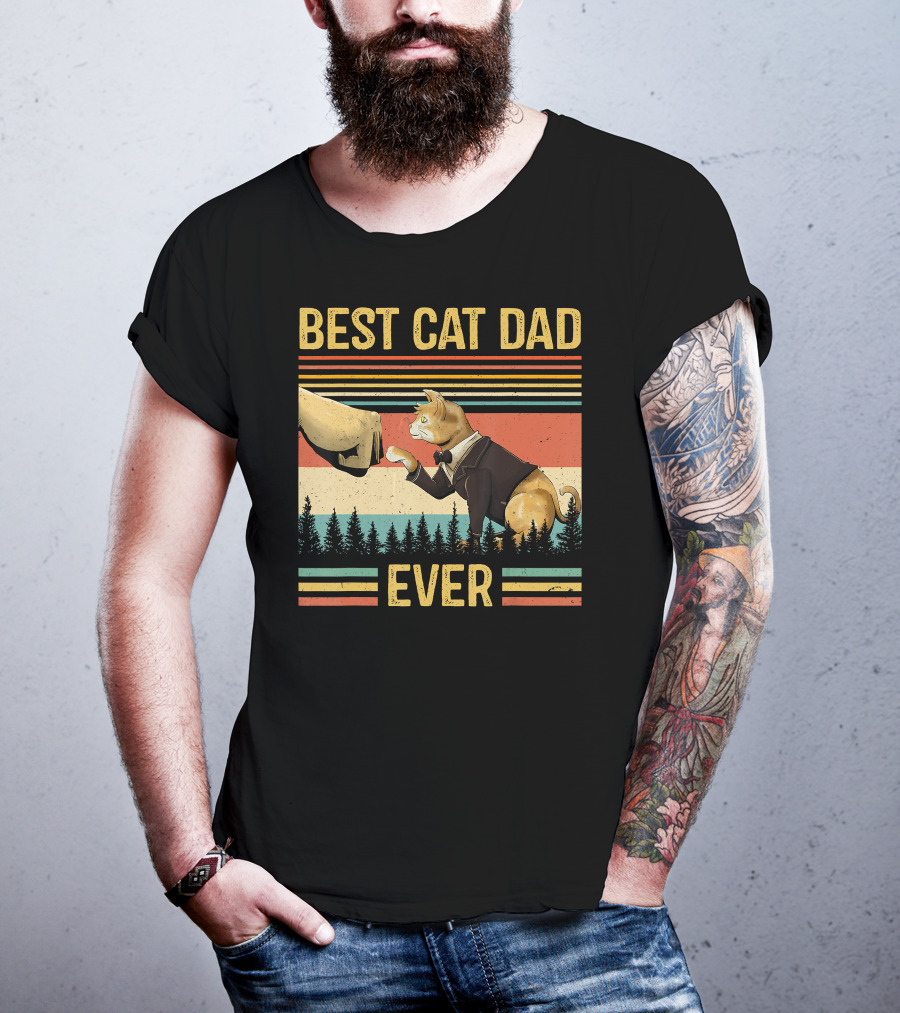 Best Cat Dad Ever Retro Paw Fist Bump Forest Stripes T-Shirt