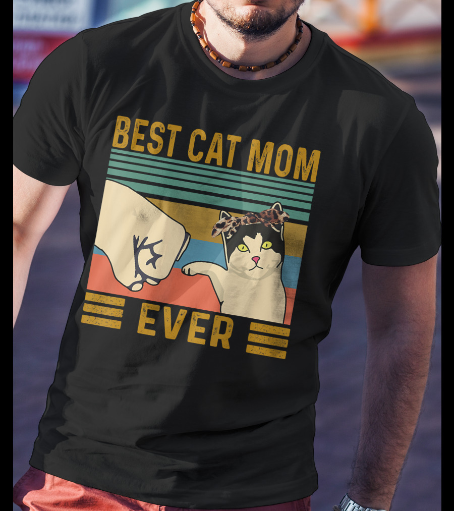 Best Cat Mom Ever Fist Bump Vintage Retro Cat With Headband T-Shirt