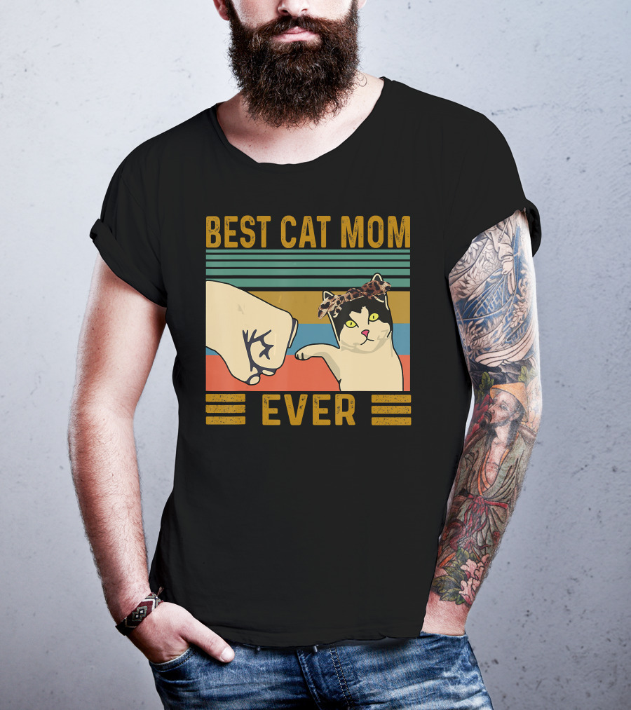 Best Cat Mom Ever Fist Bump Vintage Retro Cat With Headband T-Shirt