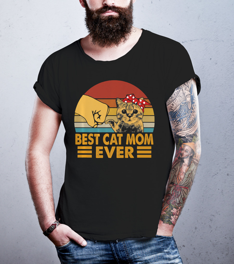 Best Cat Mom Ever Vintage Be Fist Bump Cat With Bow Retro Stripes T-Shirt