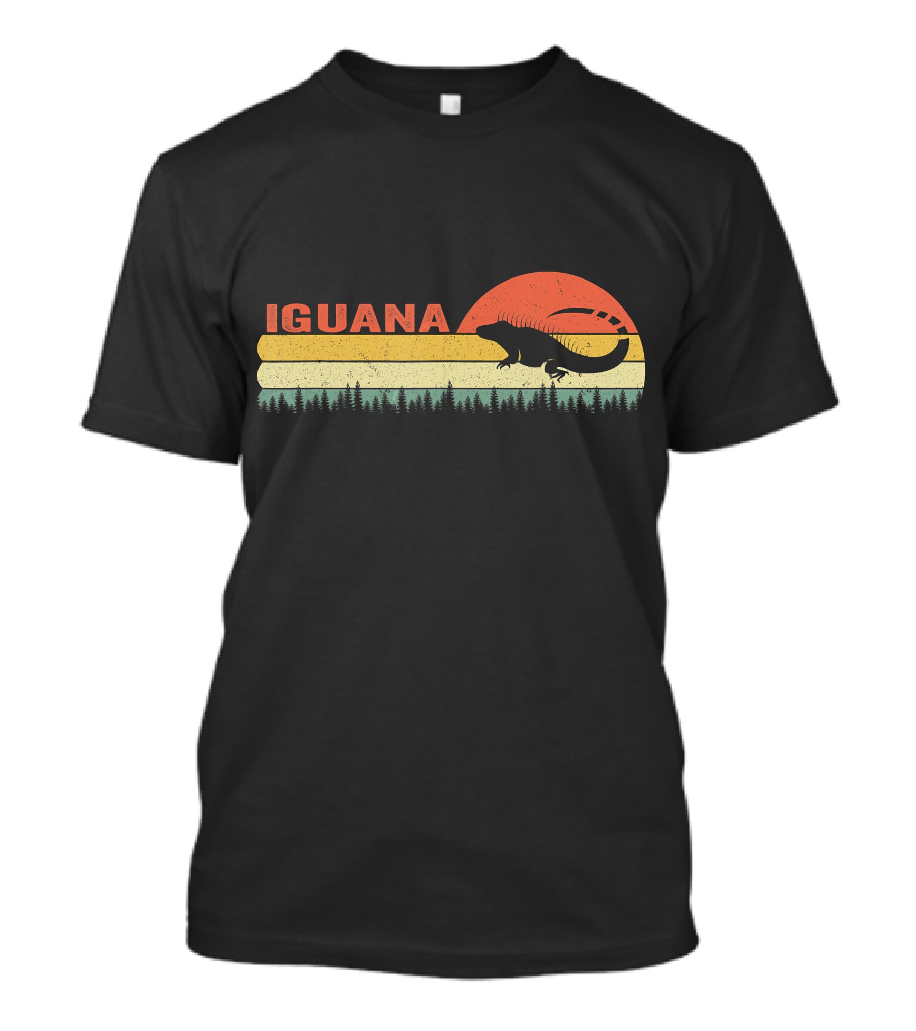 Iguana Silhouette Retro Sunset Forest Stripes T-Shirt