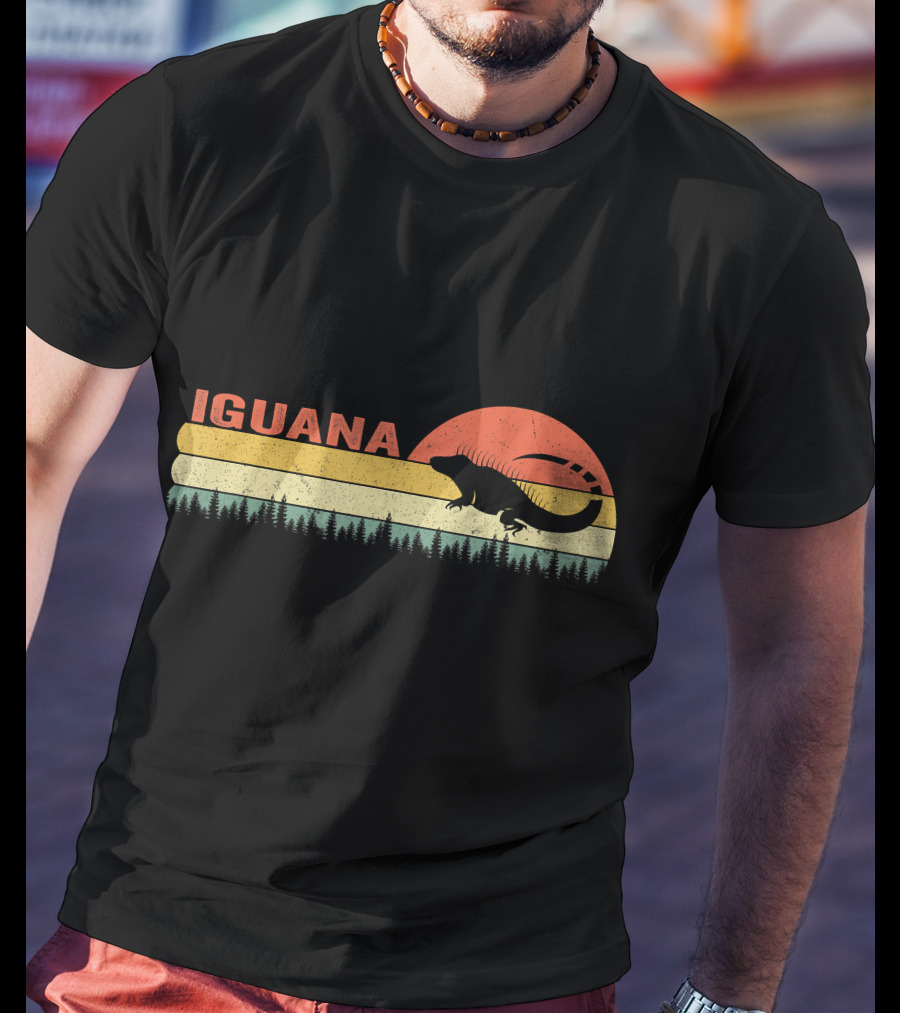 Iguana Silhouette Retro Sunset Forest Stripes T-Shirt