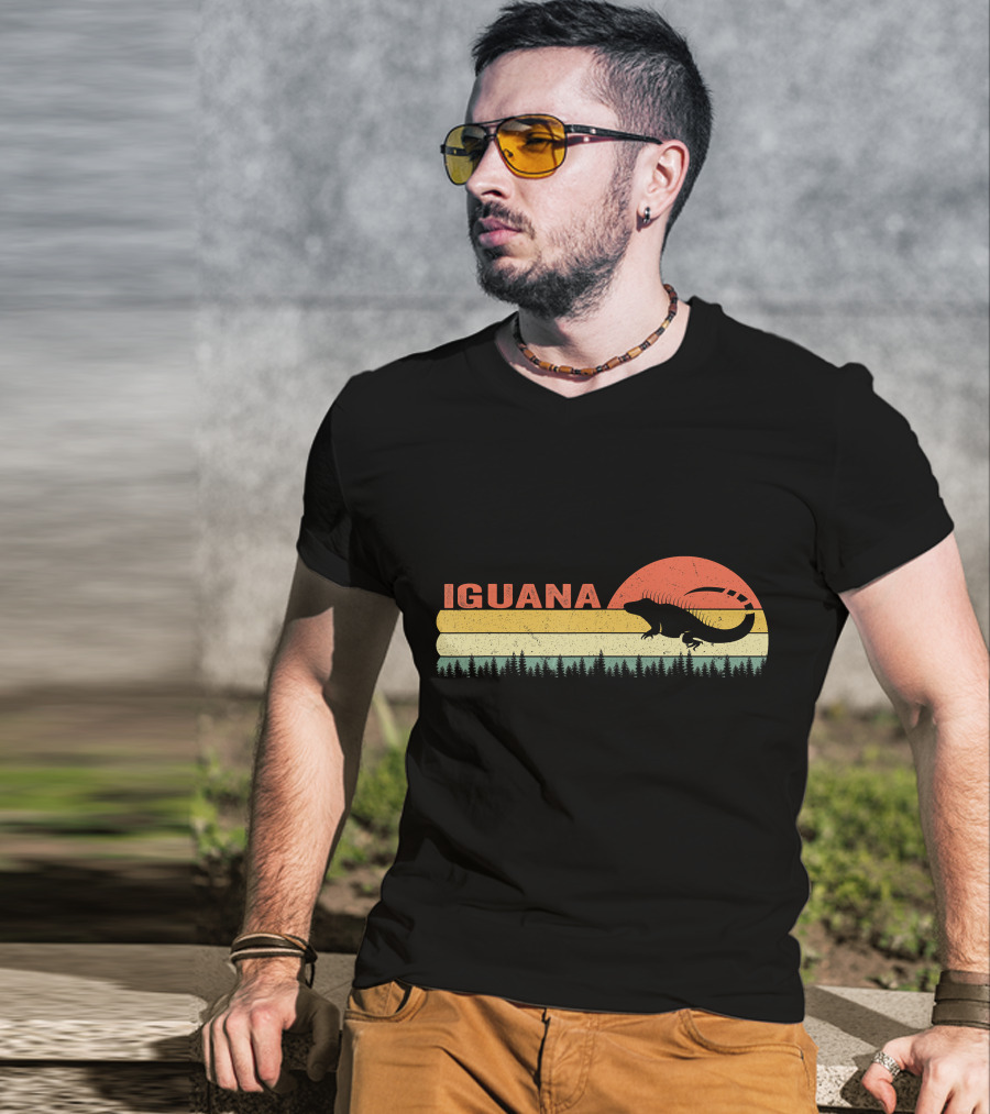 Iguana Silhouette Retro Sunset Forest Stripes T-Shirt