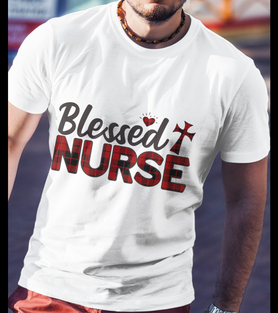 Blessed Nurse Plaid Heart Cross Christian T-Shirt
