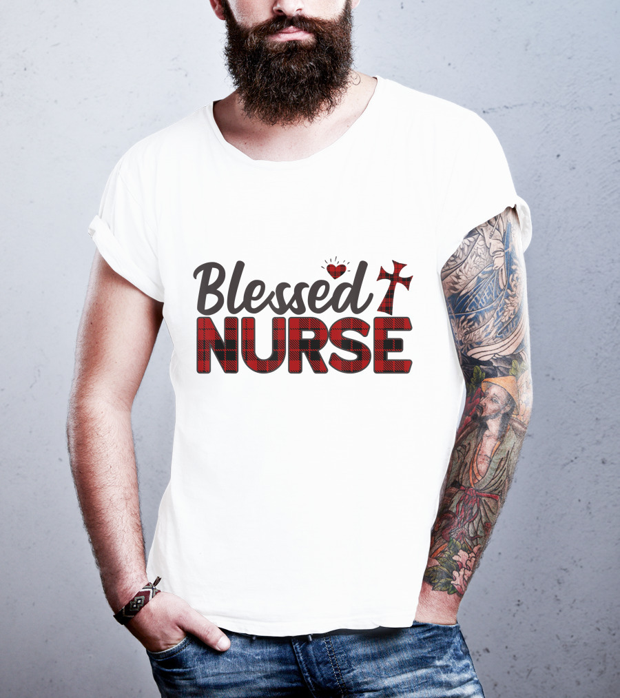 Blessed Nurse Plaid Heart Cross Christian T-Shirt