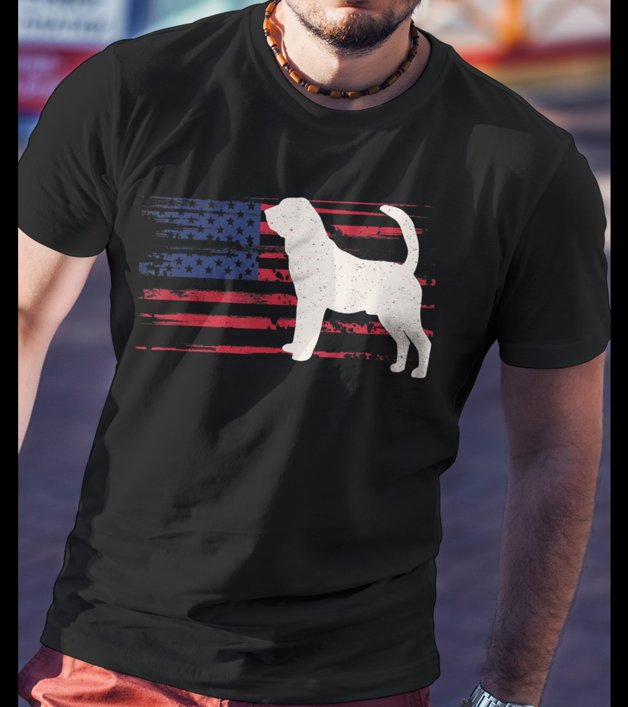 Bloodhound Puppy Silhouette With Distressed American Flag Background T-Shirt