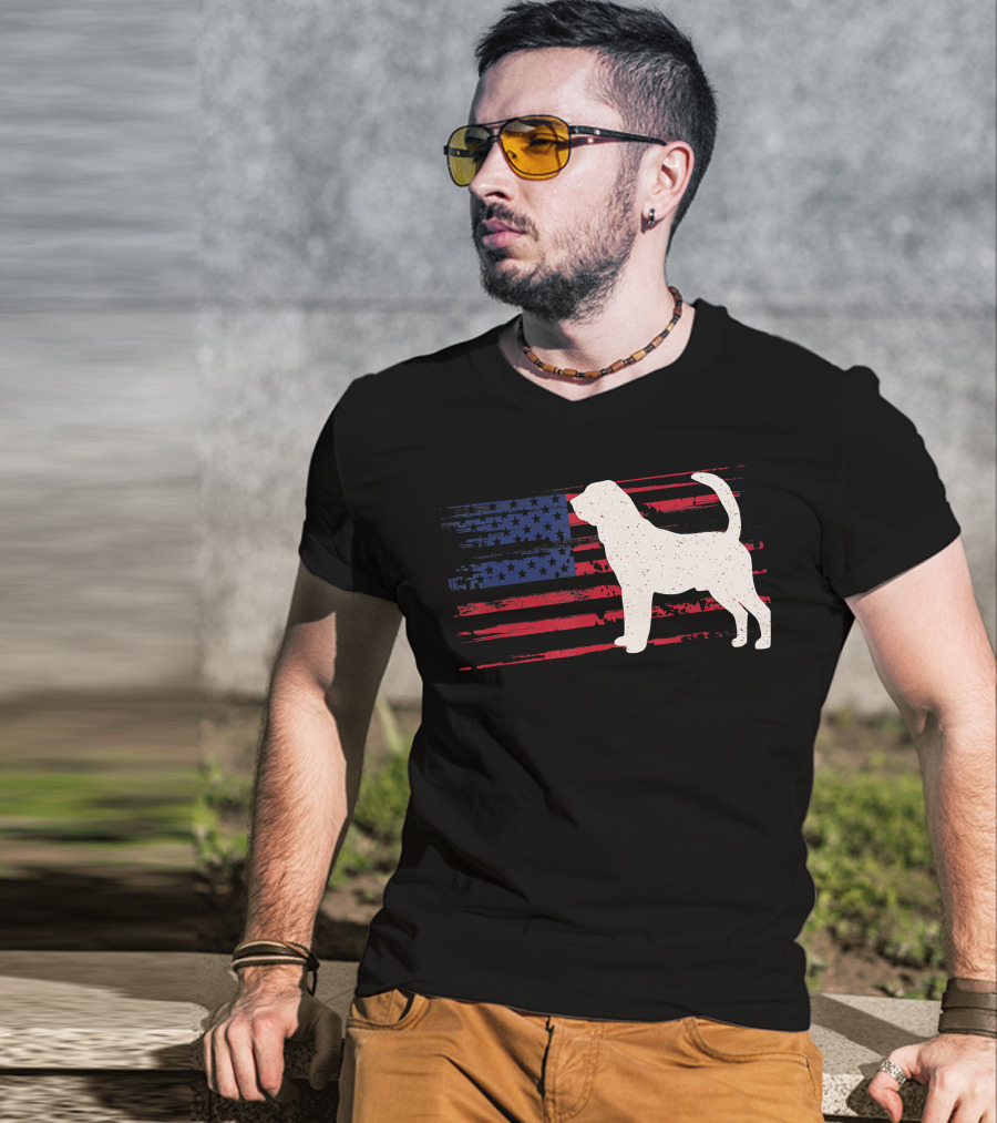 Bloodhound Puppy Silhouette With Distressed American Flag Background T-Shirt