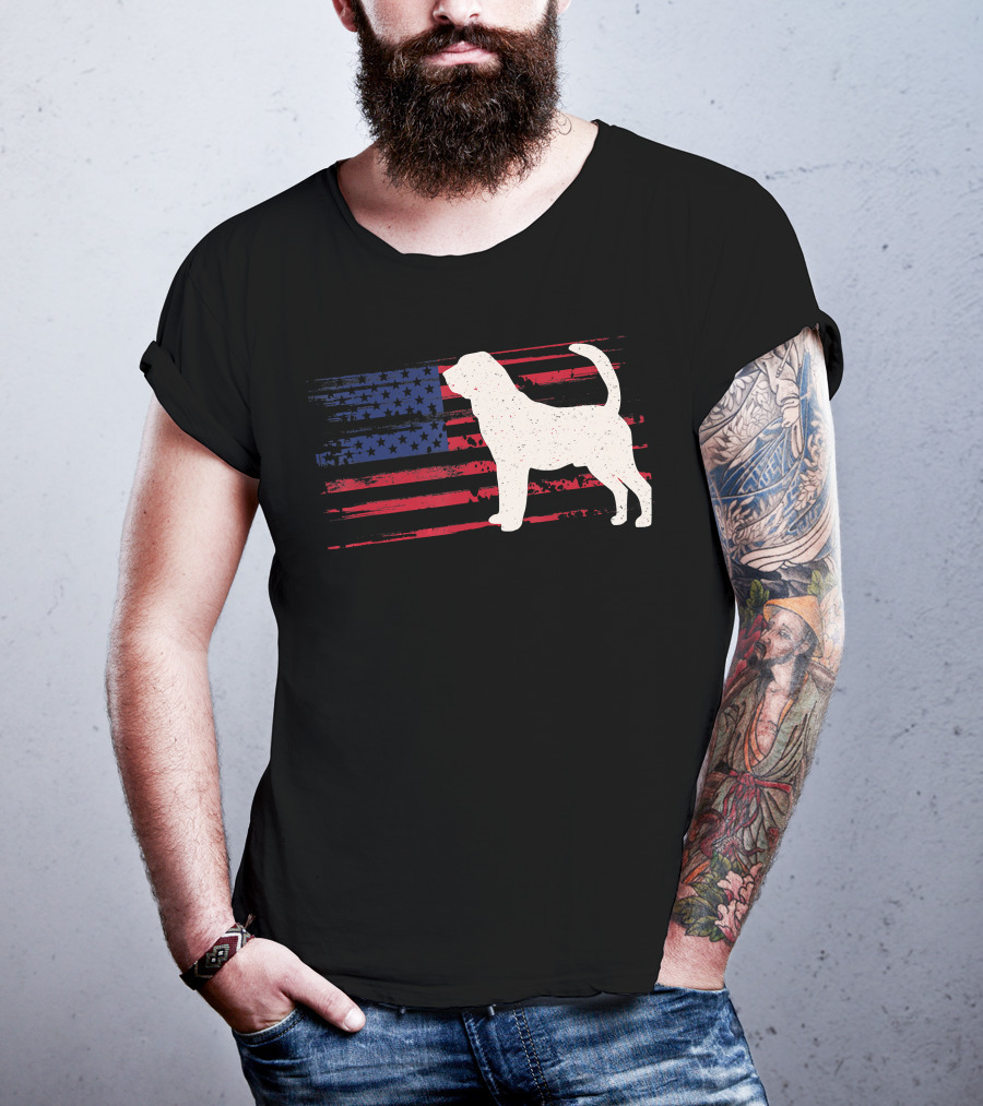 Bloodhound Puppy Silhouette With Distressed American Flag Background T-Shirt