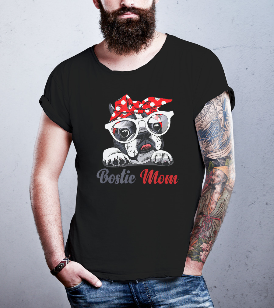 Bostie Mom Boston Terrier Dog With Red Polka Dot Bandana And Glasses T-Shirt