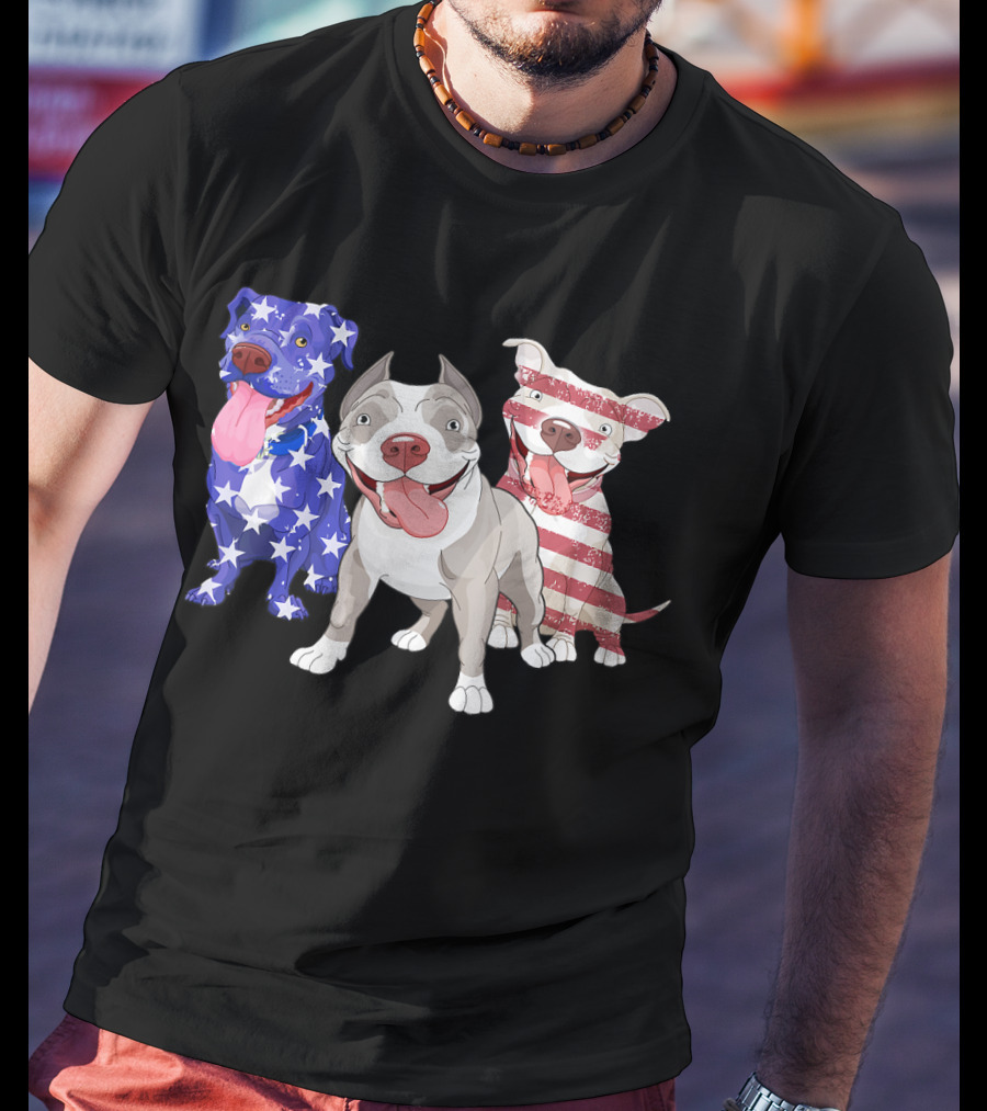 Three Pitbulls American Flag July T-Shirt