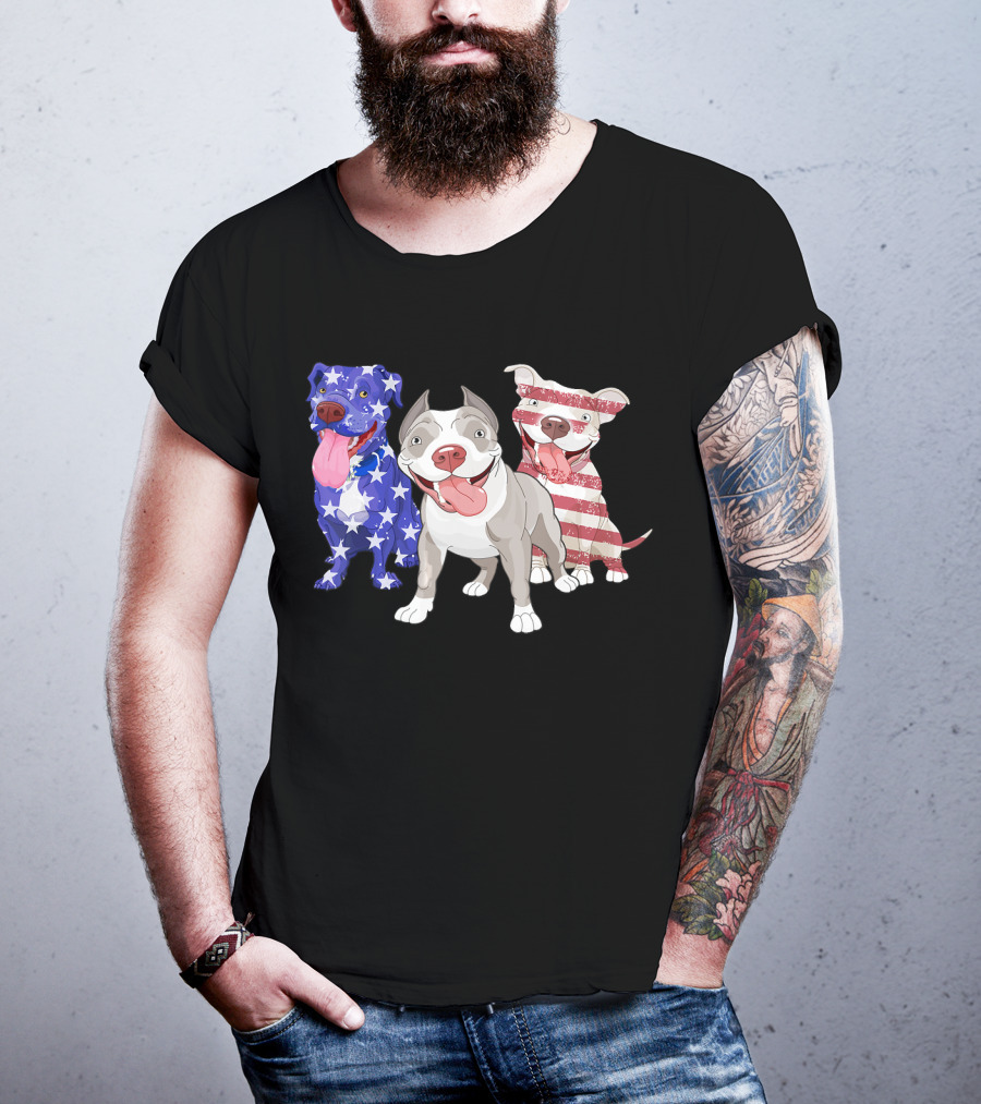 Three Pitbulls American Flag July T-Shirt