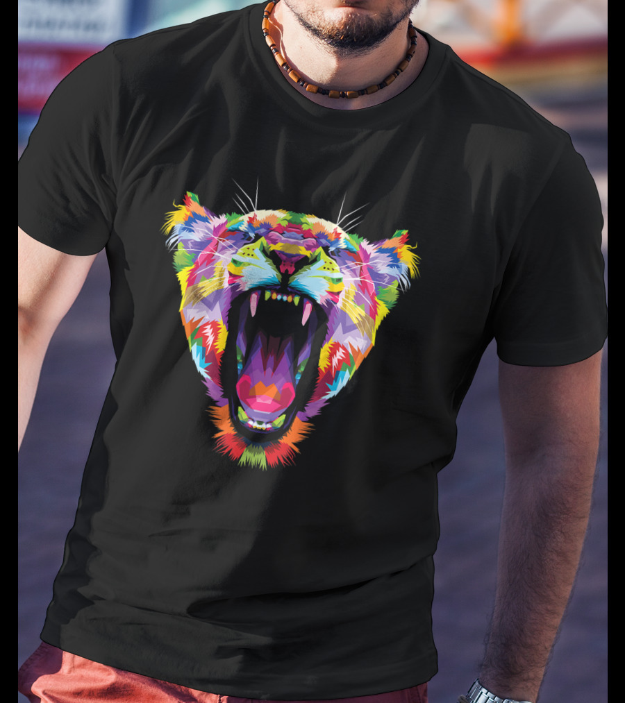 Tiger Colorful Angry Tiger's Head Geo Vibrant Geometric Roaring Tiger T-Shirt