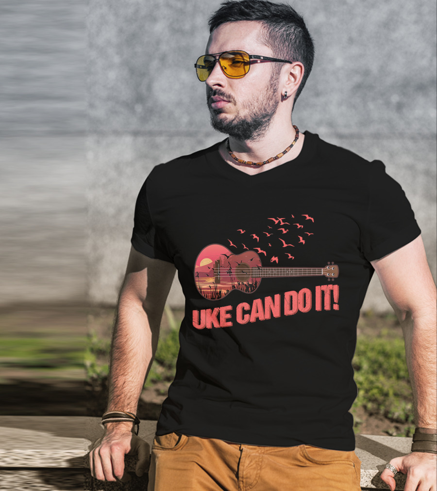 Uke Can Do It Sunset Birds And Lake Scene T-Shirt
